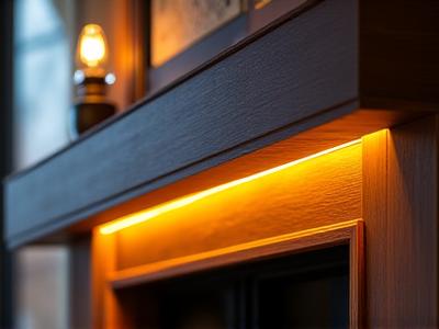 Skreddersydd peishylle i mørkt treverk med innfelt belysning