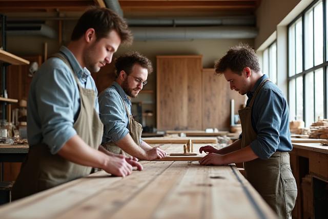 Håndverkere i treverksted under produksjon av skreddersydd møbel