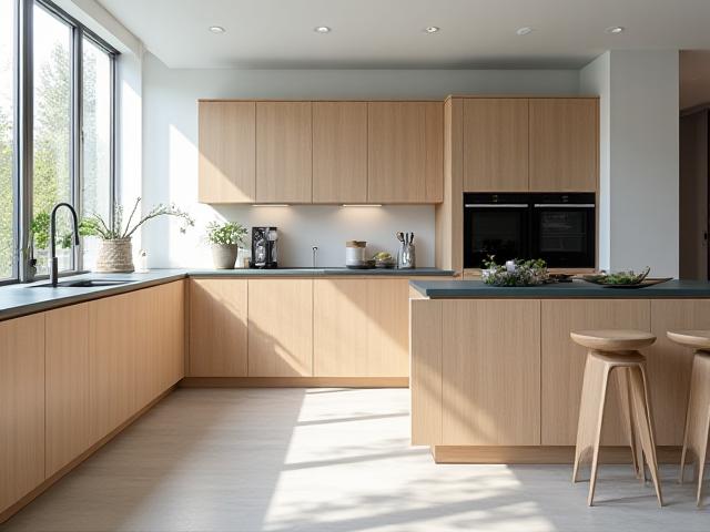 Moderne, skreddersydd kjøkkeninnredning i lyst tre og mørke benkeplater